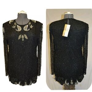Tan-Chho Vintage 80s Beaded Sequin Silk Formal Top Tunic blouse sz XL NWT